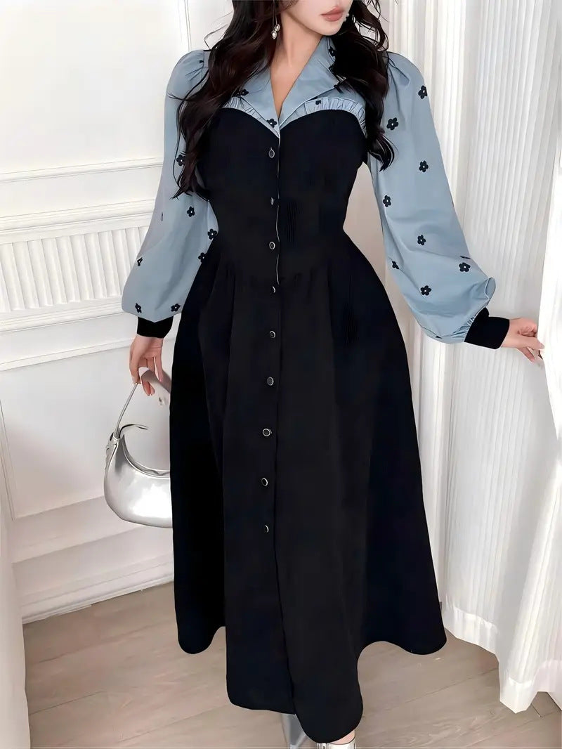 Women's Retro French-Inspired Long Sleeve Contrast Waist Defined Midi Dress