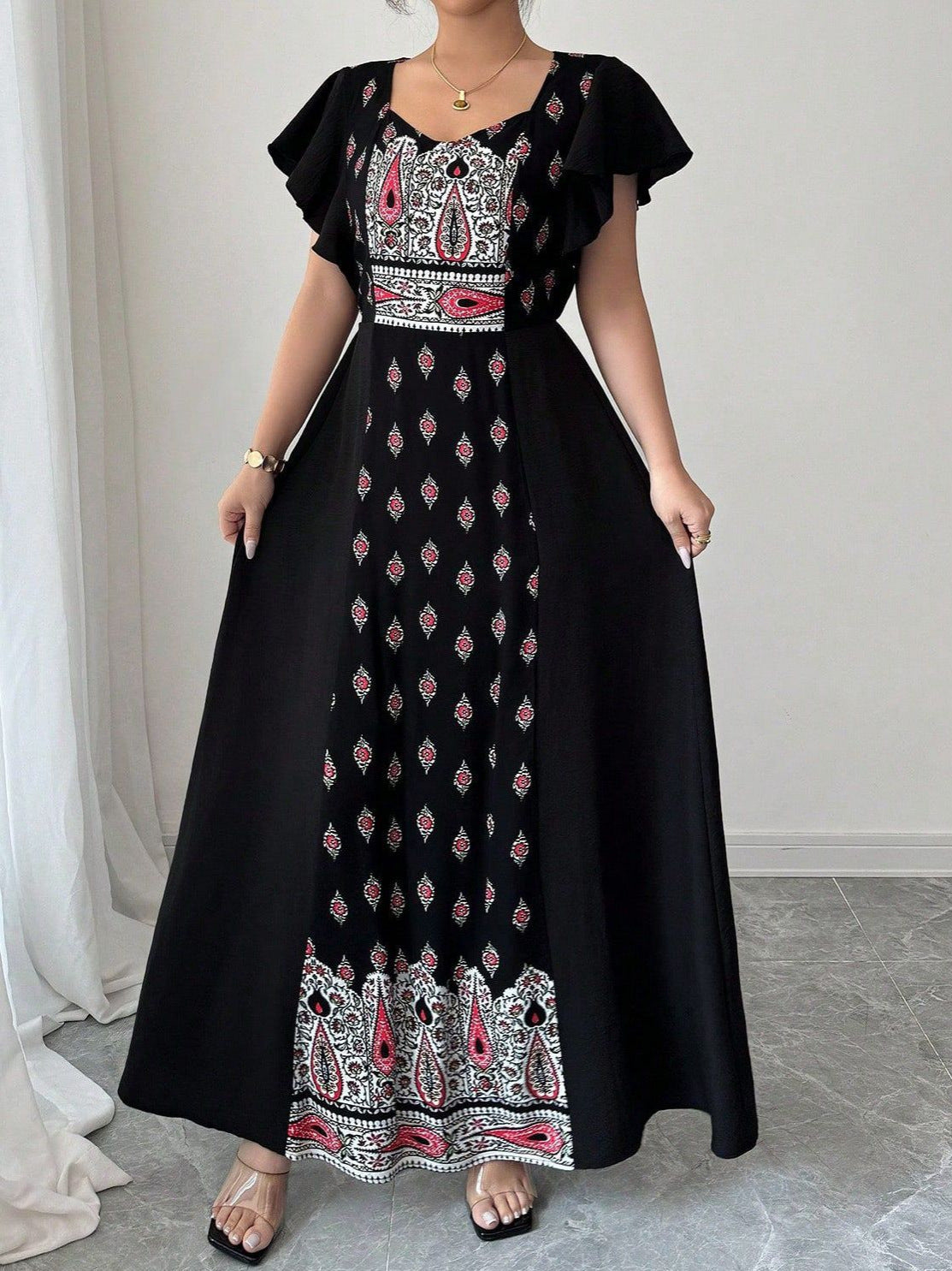 Women's Ethnic Print Maxi Dress – Elegant Waist-Defining Long Dress with Relaxed Fit and Short Sleeves