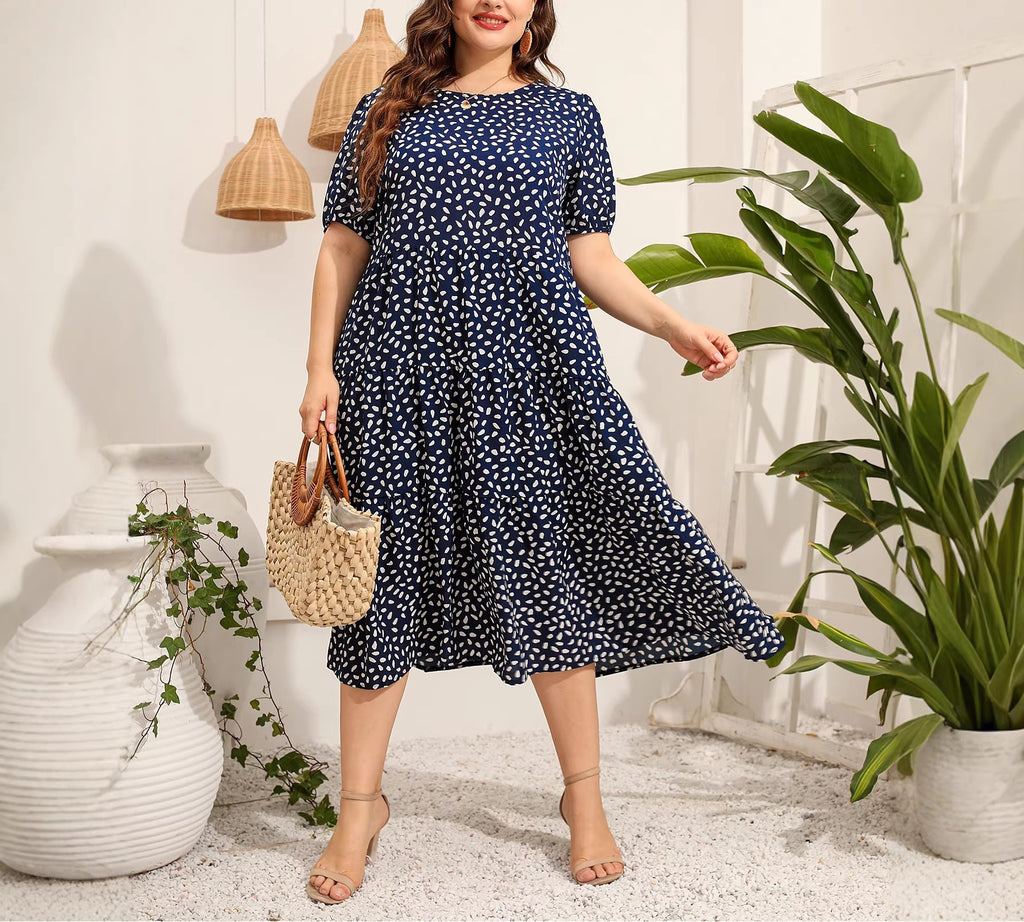 Women's Plus Size Irregular Polka Dot Short Sleeve Maxi Dress, Loose Fit Round Neck Casual Long Swing Dress