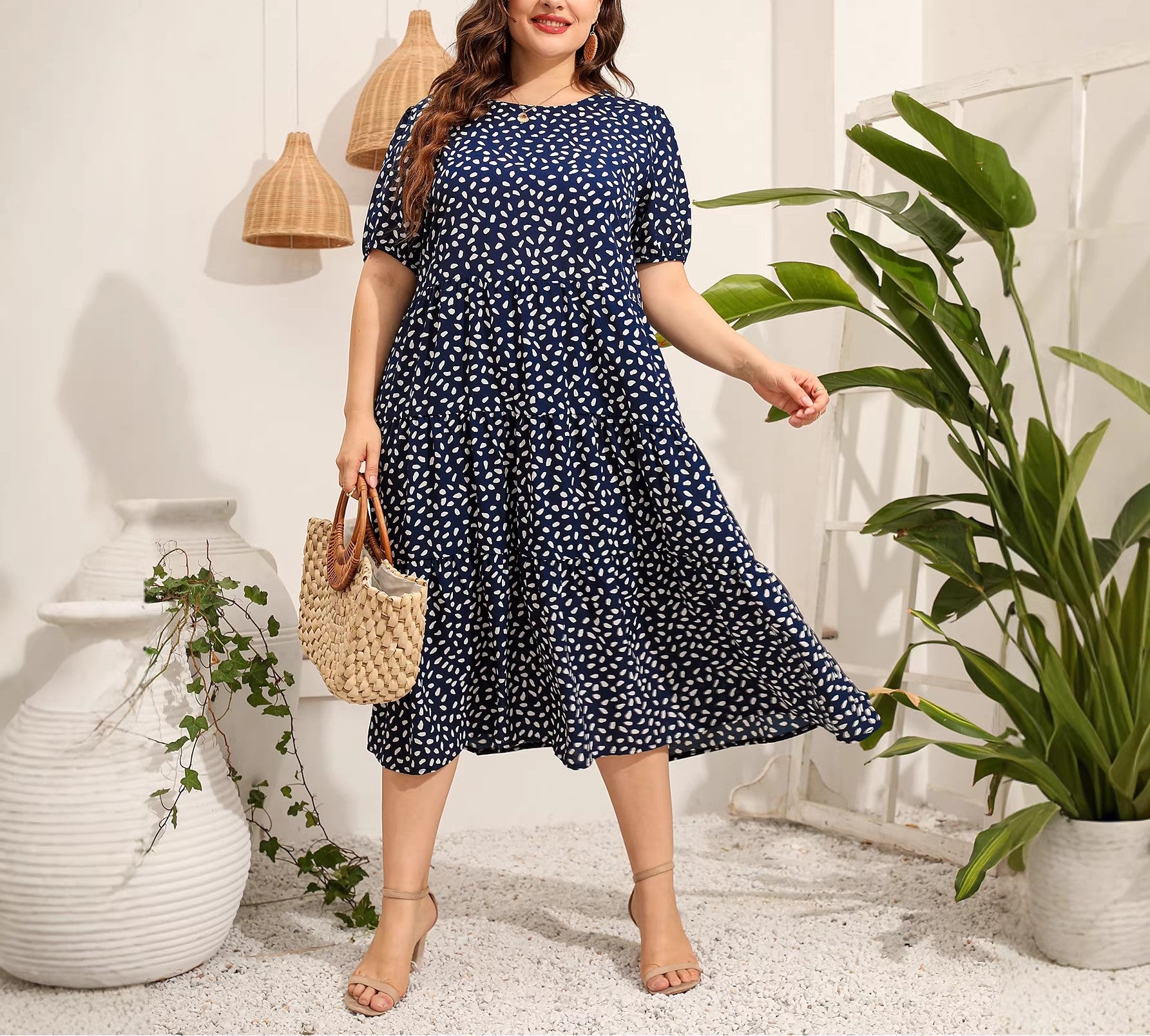 Women's Plus Size Irregular Polka Dot Short Sleeve Maxi Dress, Loose Fit Round Neck Casual Long Swing Dress