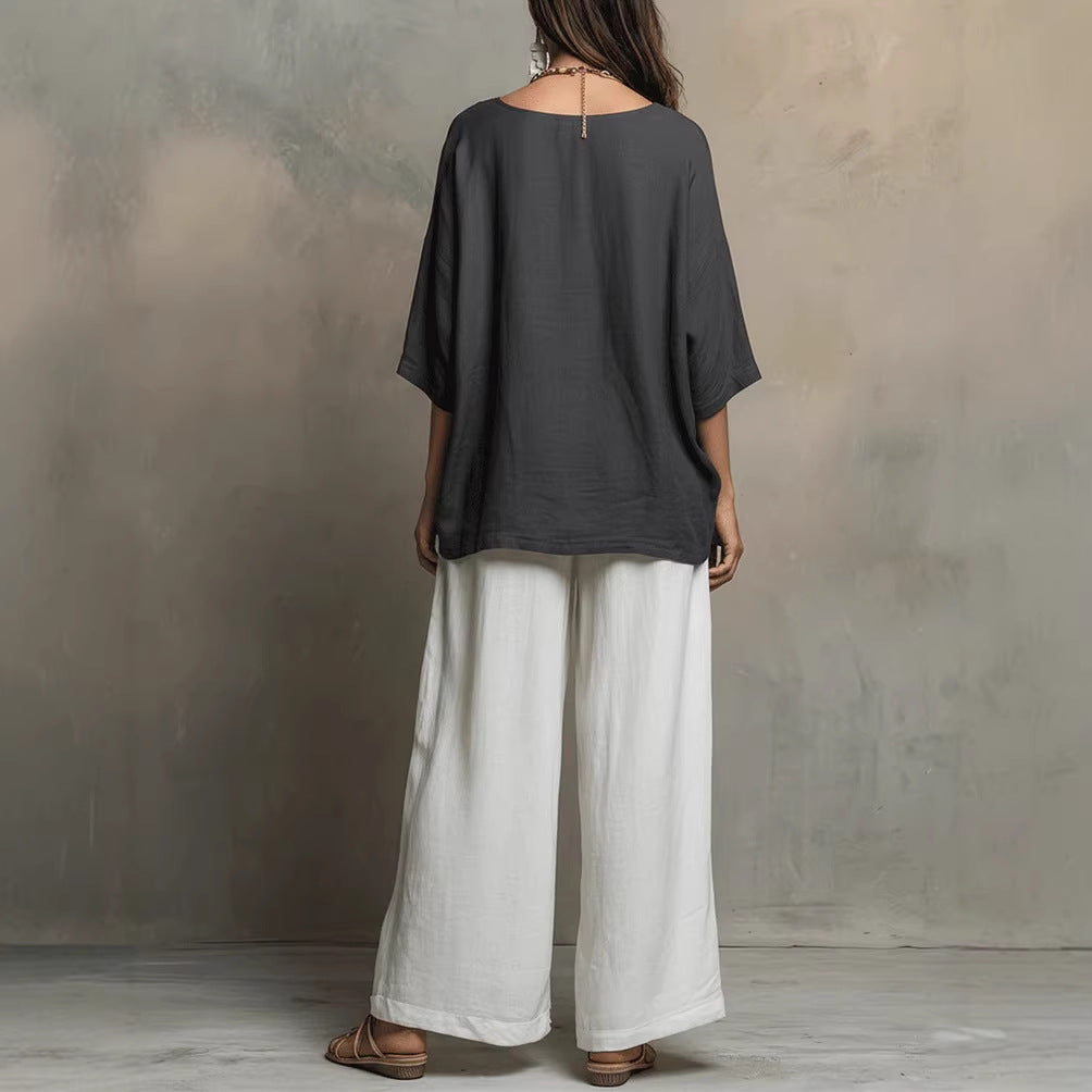 Women's Solid Color Half Sleeve Casual Two-Piece Top and Pants Set