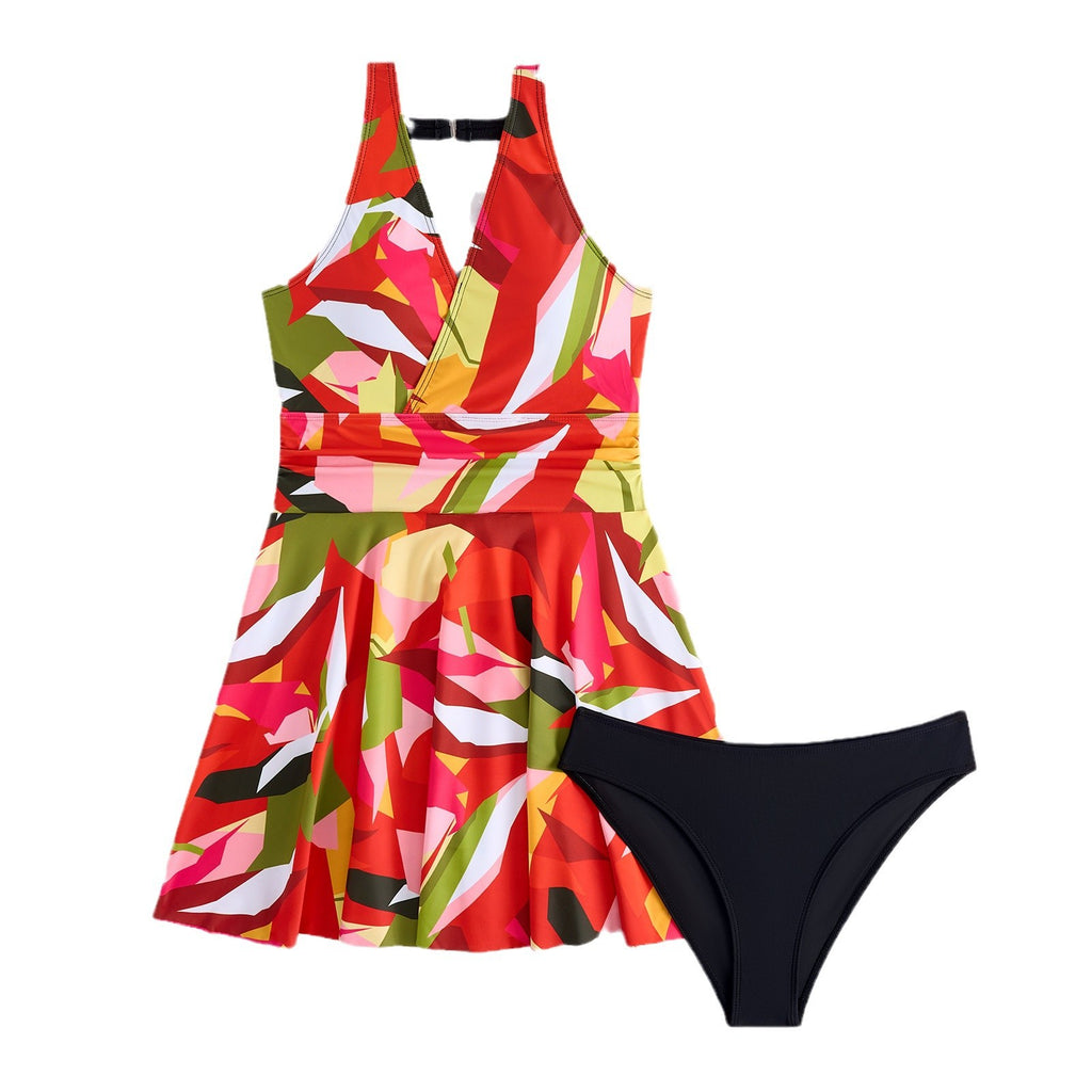 Women's Digital Print V-Neck Tankini Swimsuit Set with Skirted Bottom and Side Split