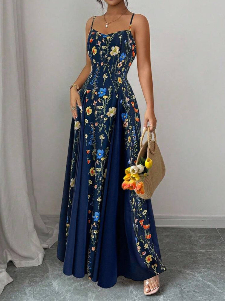 Women's Elegant Printed Strap Maxi Dress – Lightweight Sleeveless Summer Vacation Long Dress with Flowing Fit