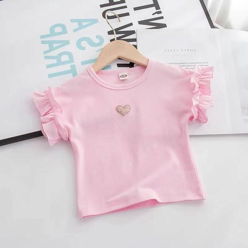 Girls Summer Short-Sleeved T-Shirt – Baby Lace Horn Sleeve Love Solid Color Top - RAC26JP5465BATT