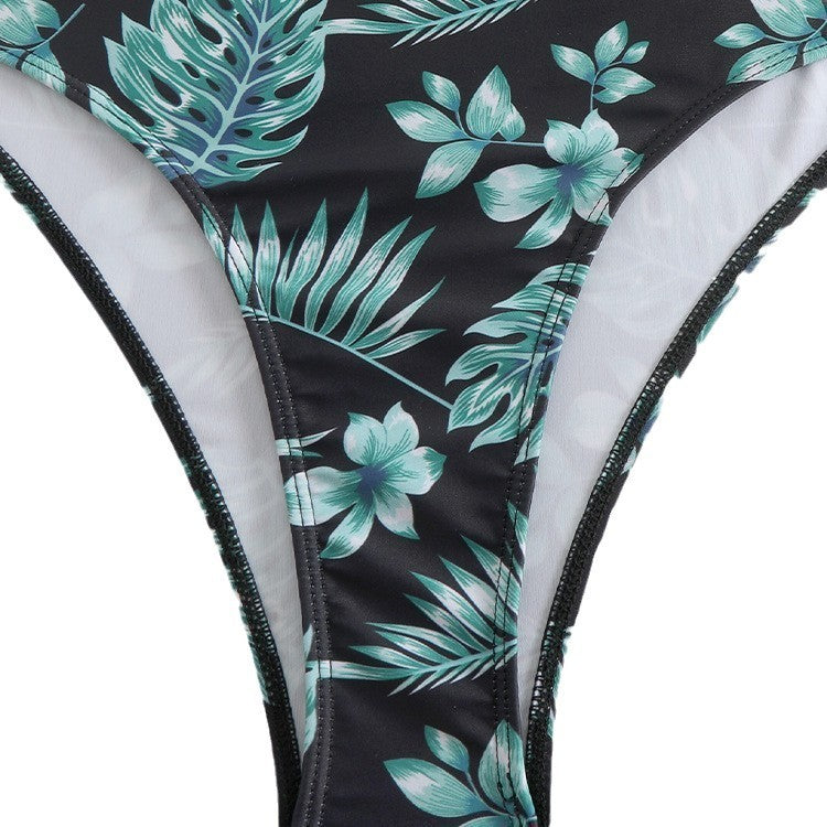 New Digital Print Cross-Pleated Long Sleeve High Collar Bikini Split Swimsuit for Women