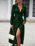 Women's Waist-Cinching Pleated Button-Up Waist-Tie Midi Dress with Collared Neck and Long Sleeves