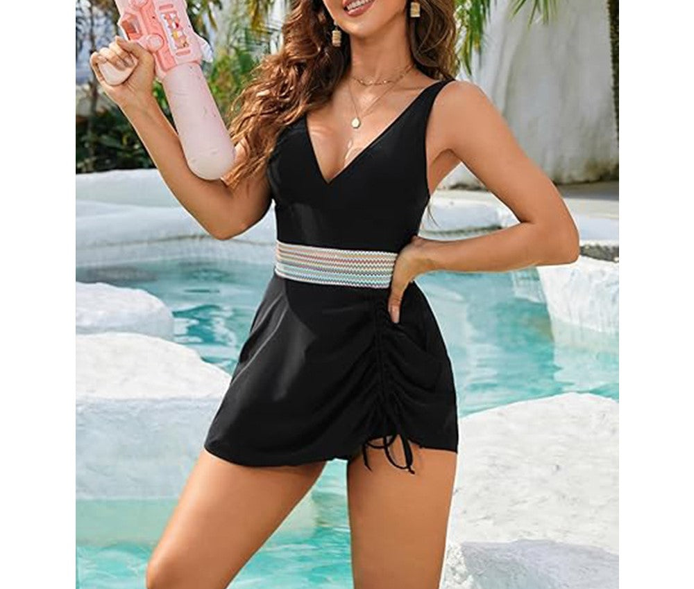 Solid Color V-Neck Double Shoulder Strap Bikini Skirt One-Piece Swimsuit for Women