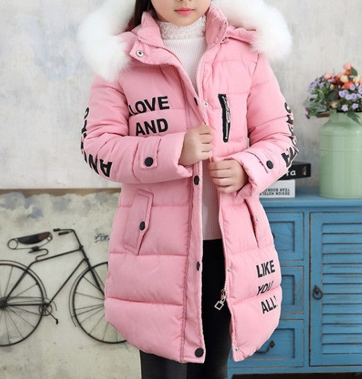 Girls’ Winter Cotton-Padded Coat – Thickened Mid-Length Jacket with Fur Collar - RAC25JP3248BOW