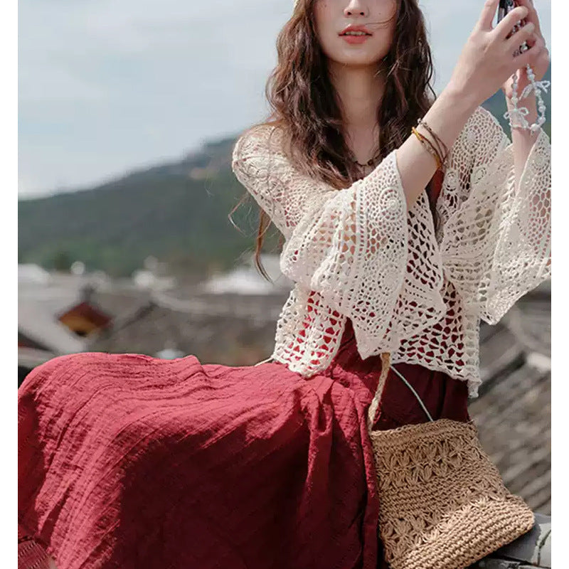 Women's Summer Bohemian Hollow-Out Long Sleeve Beach Vacation Cover-Up Top