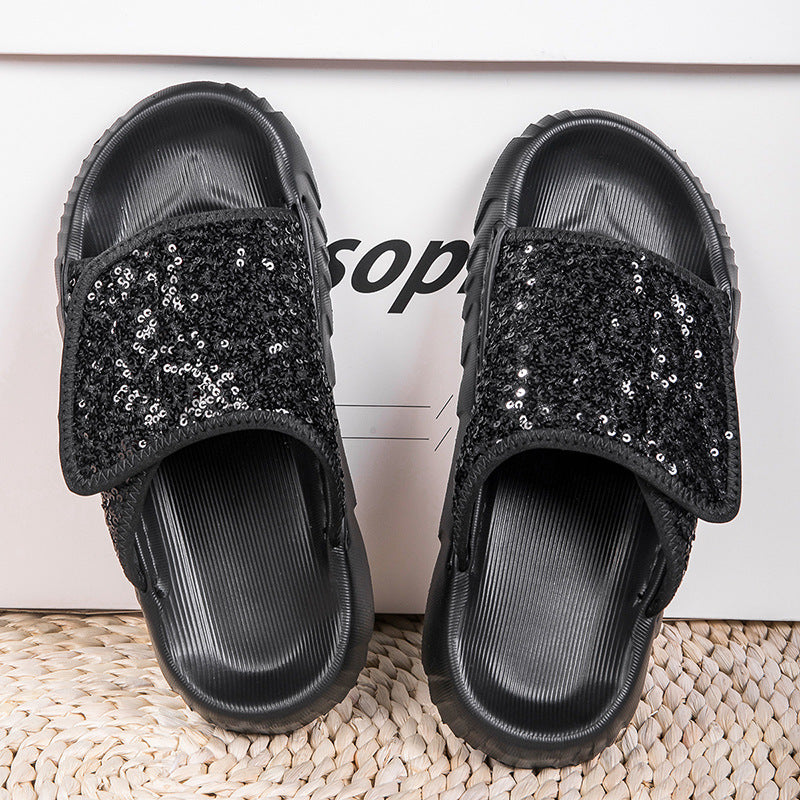Women's Summer Sequined Platform Sandals - Comfortable Beach Slip-On Slippers