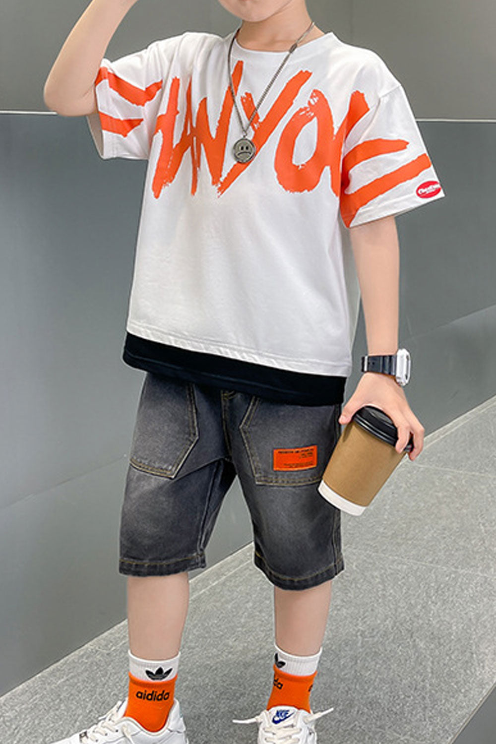 Kids Boys New Fashionable Stylish Round Neck Short Sleeves Letter Pattern T- Shirt with Handsome Cool Looking Thin Summer Shorts