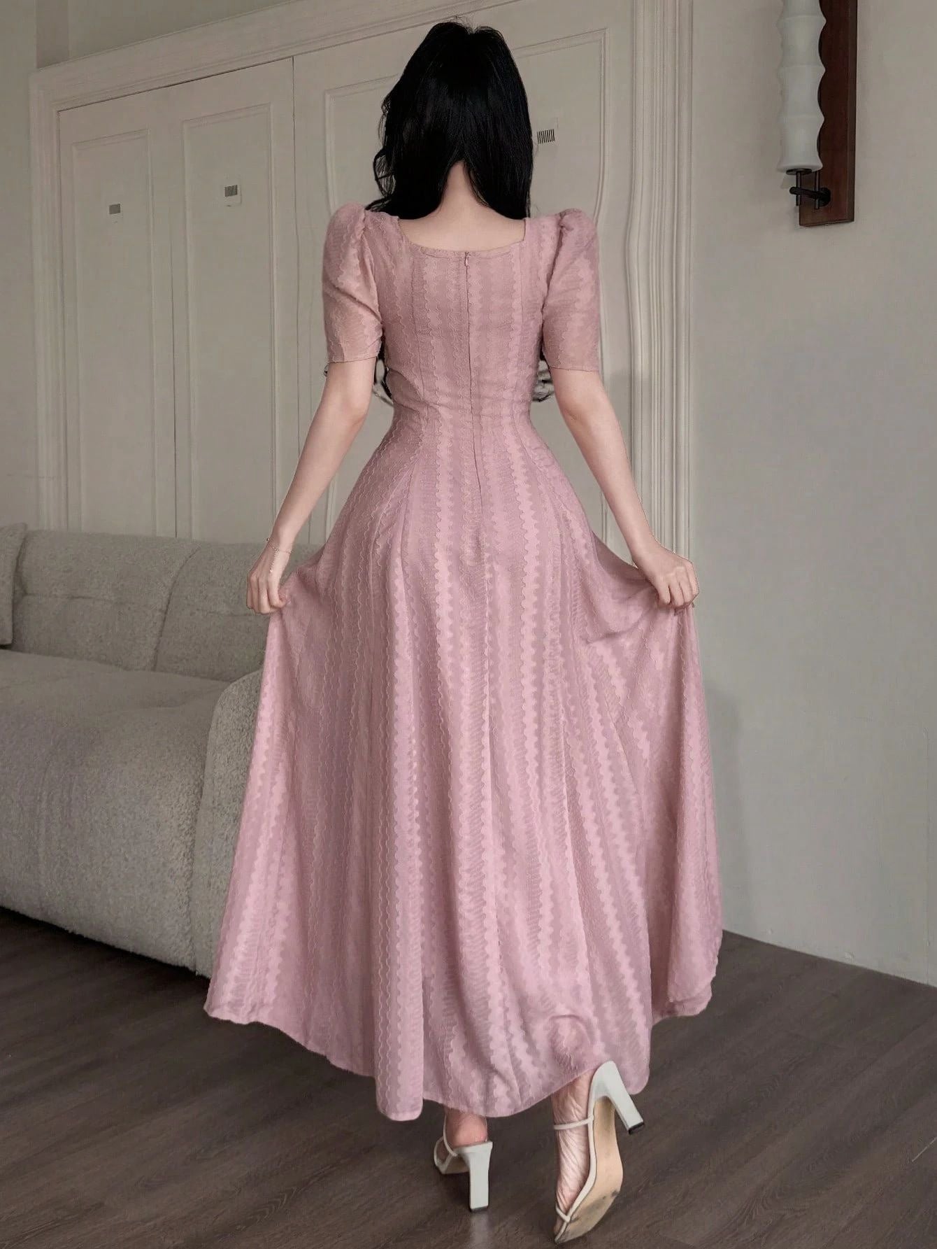 Women's French-Inspired Summer Square Neck Short Sleeve Dress with Flared Skirt and Solid Color Design