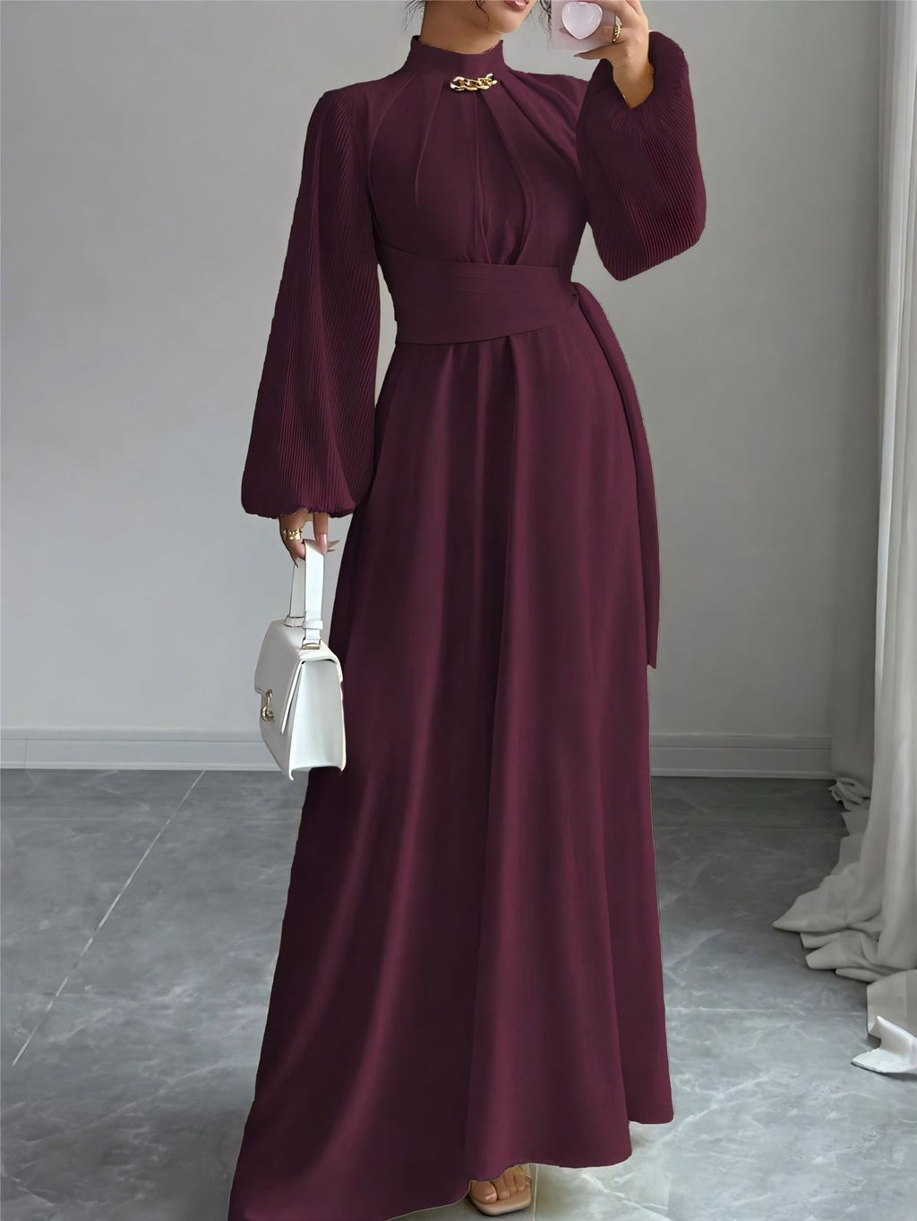 Women's Burgundy Long Sleeve Maxi Dress – Elegant Fashion Dress for Casual, Party, Evening, Holiday & Special Occasions