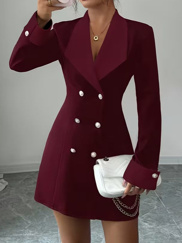 Women's French-Inspired Elegant Double-Breasted Front-Button Short Dress with Long Sleeves