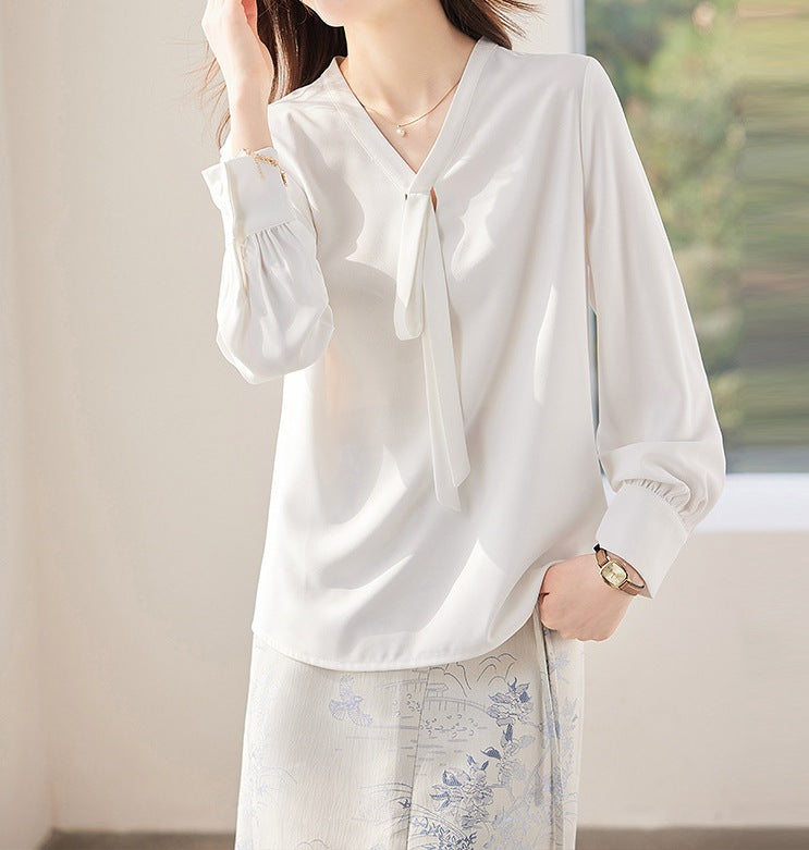 Women's White Chiffon Strap V-Neck Top - Spring & Autumn Blouse