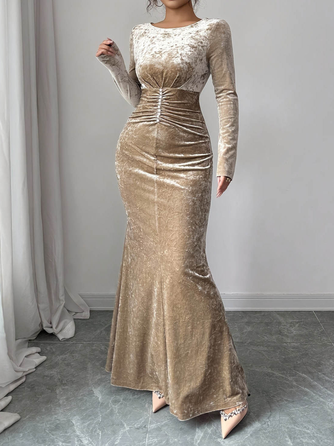 Women's Slim Fit Pleated Velvet Long Sleeve Evening Maxi Dress