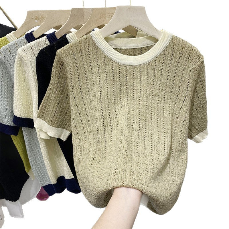 New Summer Color-Blocked Soft Knit Short-Sleeve Sweater for Women