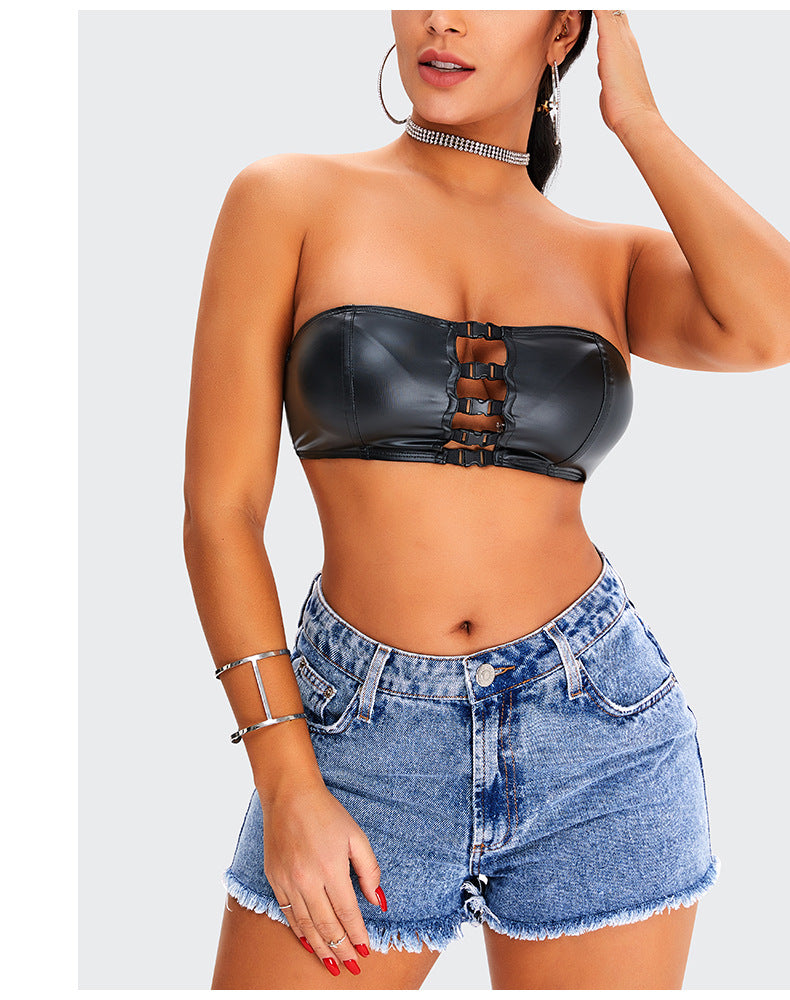 New Ins Elastic PU Nightclub Party Chest-Wrapped Jacket with Pocket Design