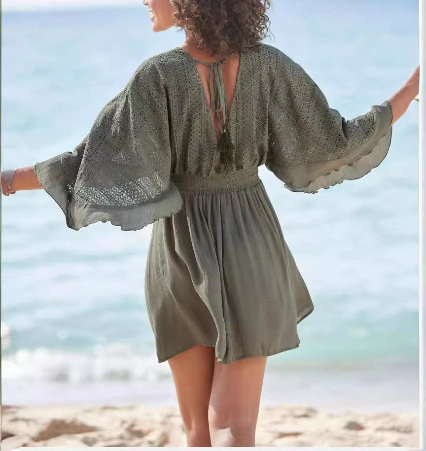 Women's Lace Patchwork Batwing Sleeve V-Neck Tie Back Elastic Waist Casual Dress