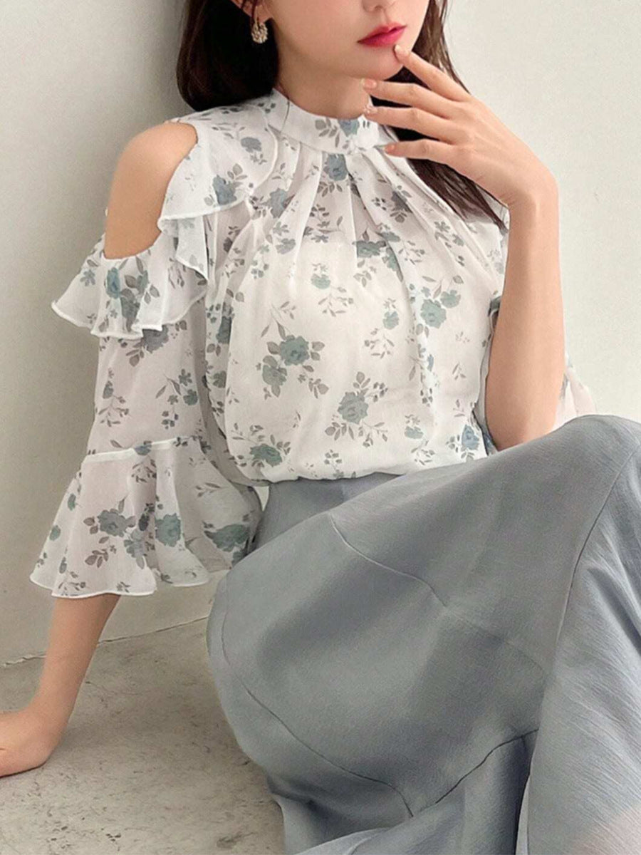 Women's Elegant Floral Chiffon Blouse - Summer Off-Shoulder Lightweight Top