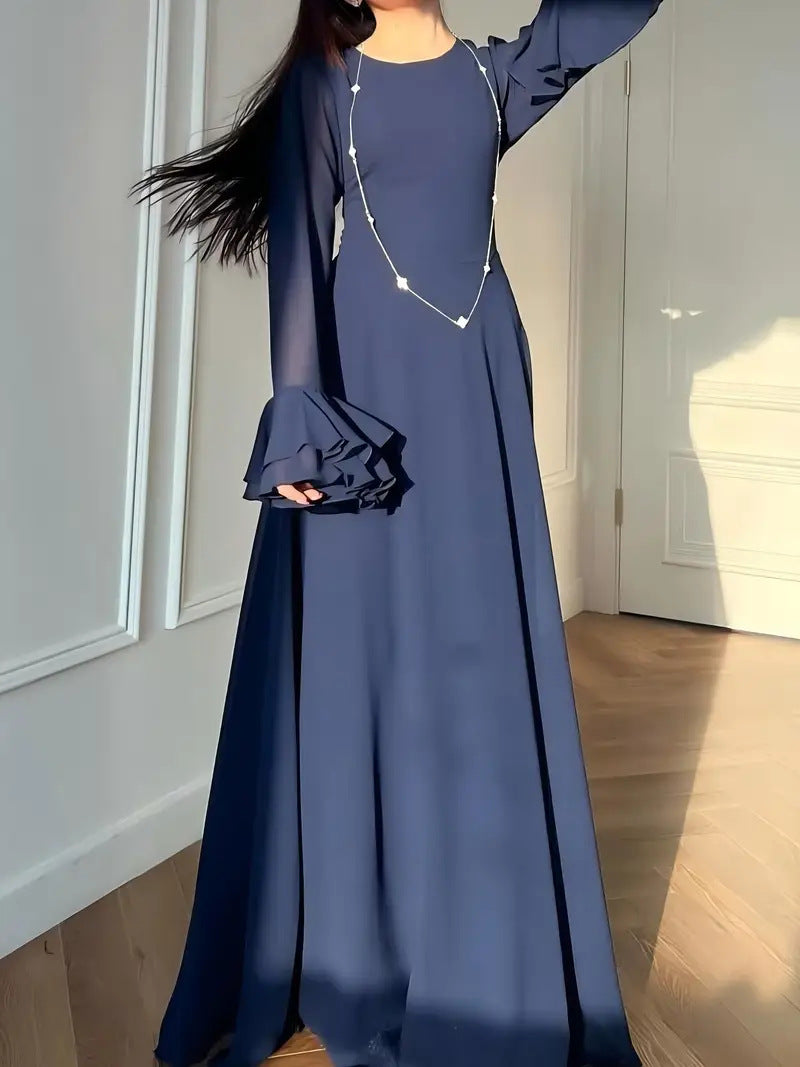 Women's Solid Color Round Neck Waist-Cinching Flared Sleeve Midi Dress for Autumn
