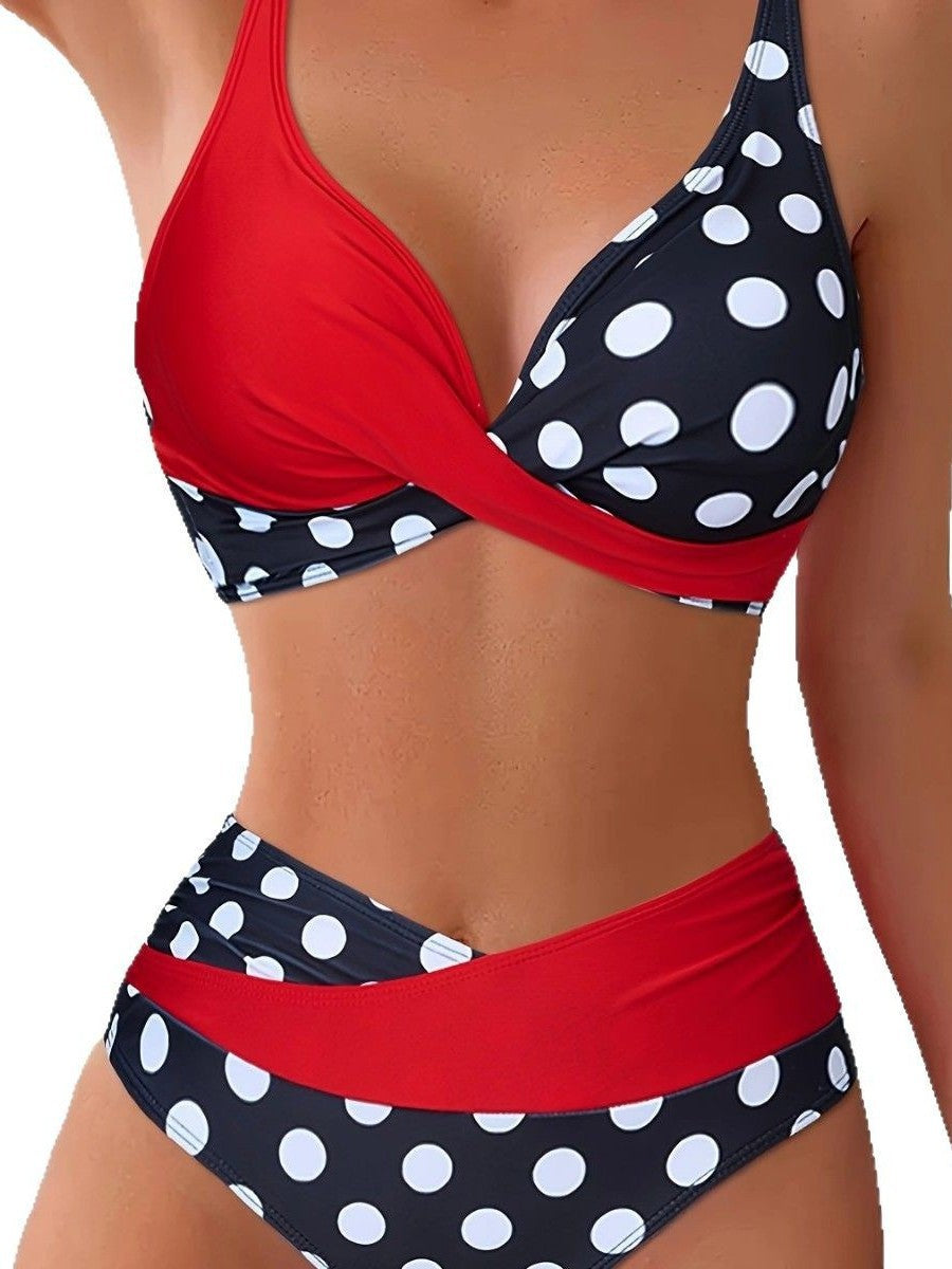 New Color Matching Wave Point Cross Backless Split Bikini Swimsuit for Women