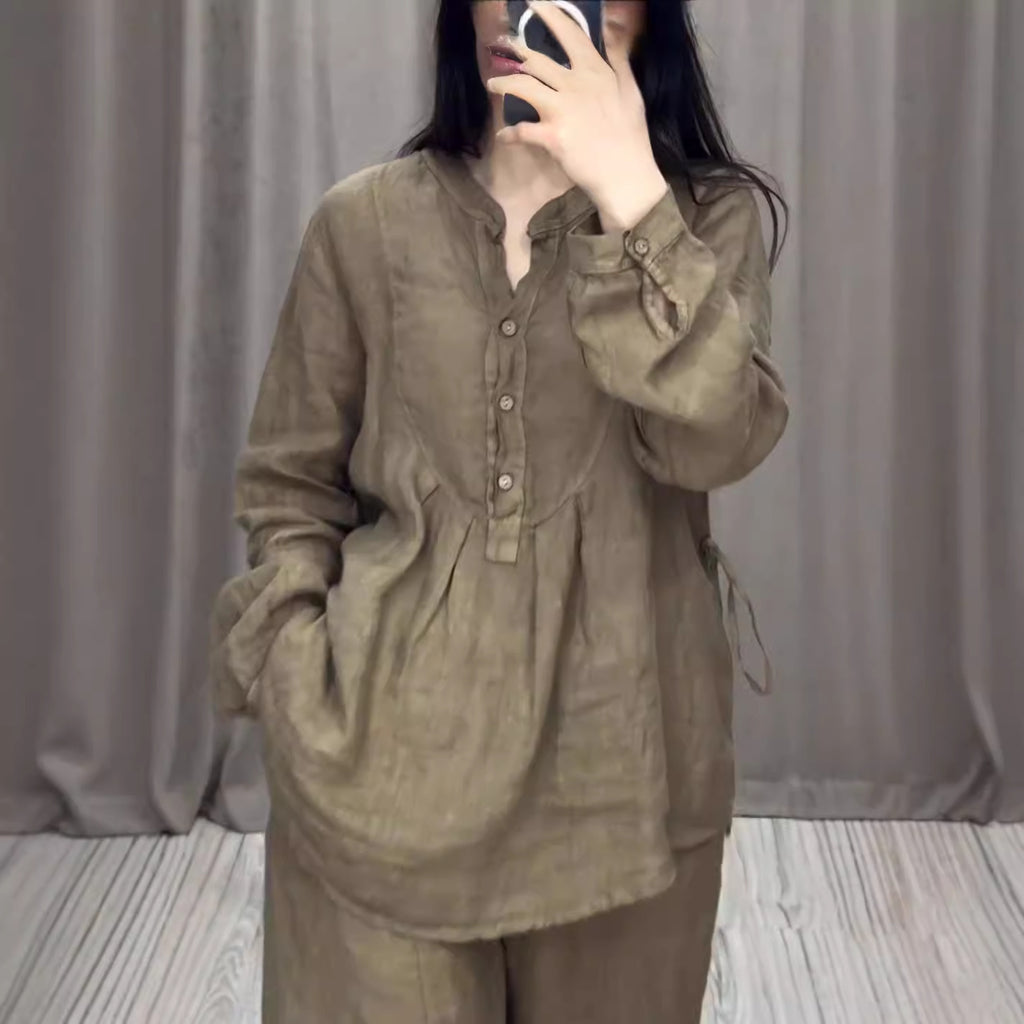 Women's Long Sleeve Half Cardigan Top and Pleated Wide Leg Pants Two-Piece Set