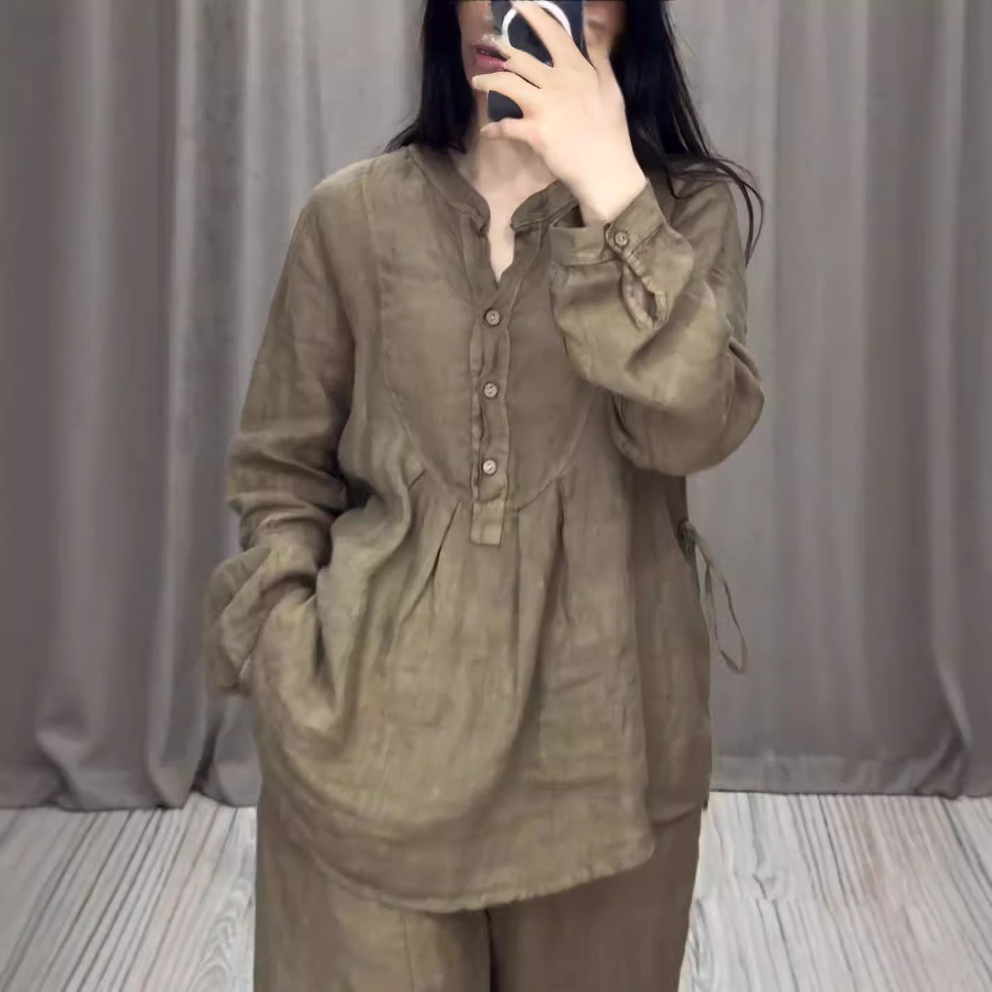 Women's Long Sleeve Half Cardigan Top and Pleated Wide Leg Pants Two-Piece Set