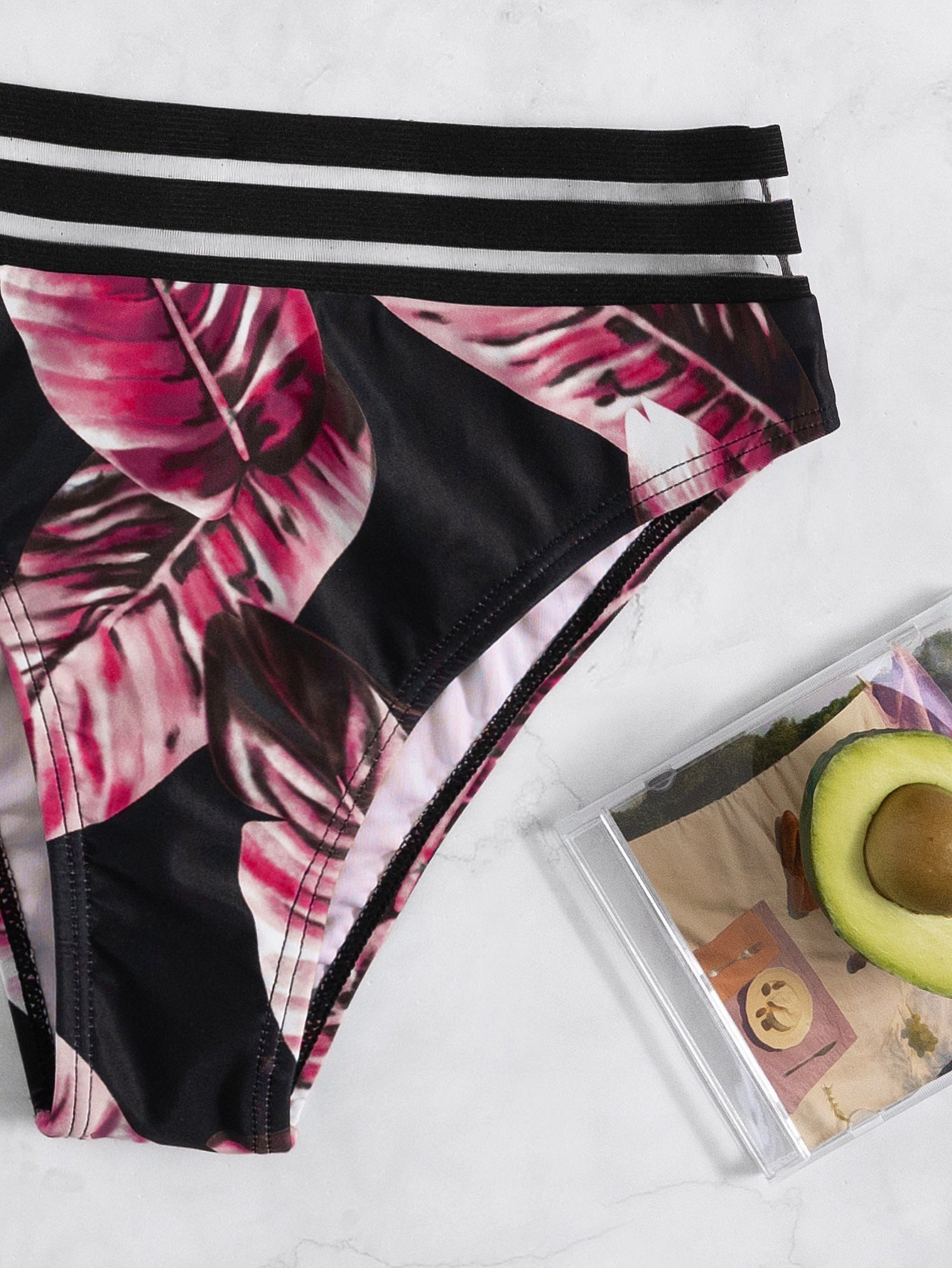 Leaf Print High-Waisted Two-Piece Bikini with Three-Stripe Straps