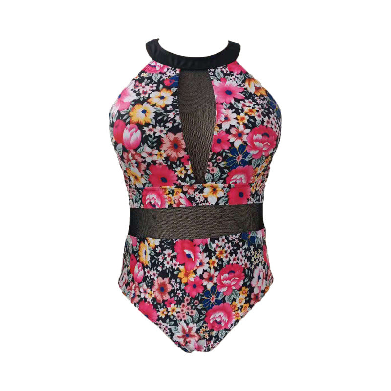 New Digital Printed Mesh Splicing Plus Size Bikini Bodysuit