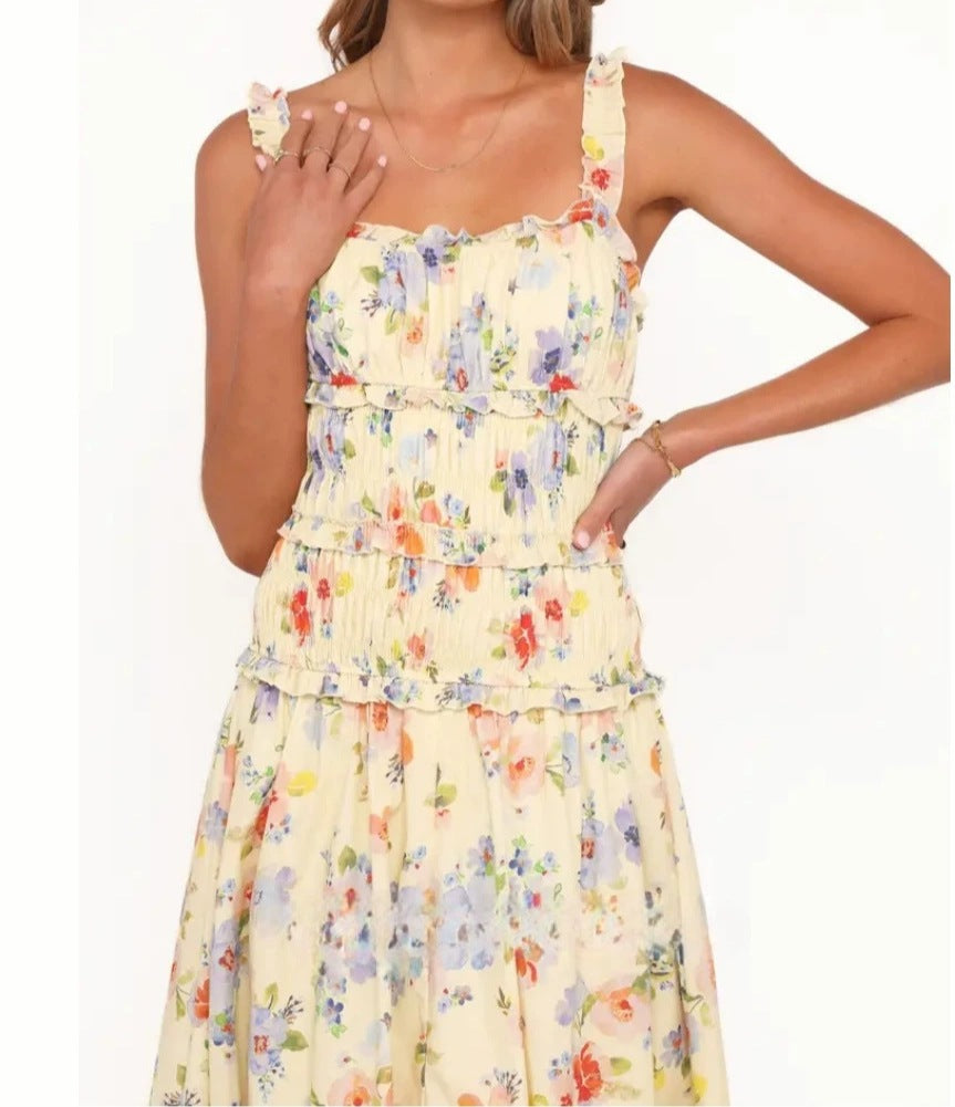 Spring and Summer Sleeveless Floral High-Waisted Casual Dress for Women