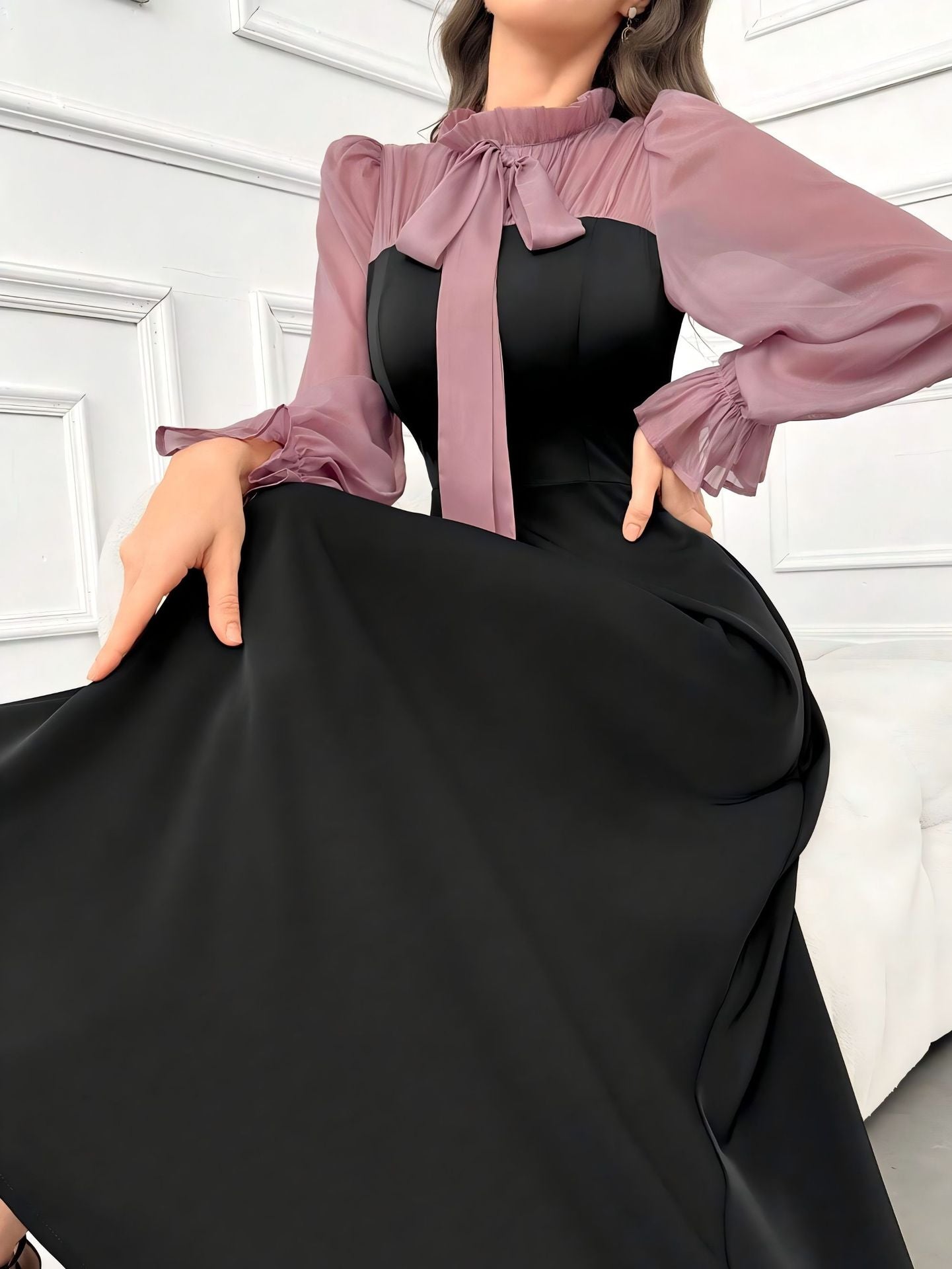 New Style Color-Block Faux Two-Piece Long Sleeve Maxi Dress with Bow Tie Waist for Women, Elegant Casual Fashion Dress