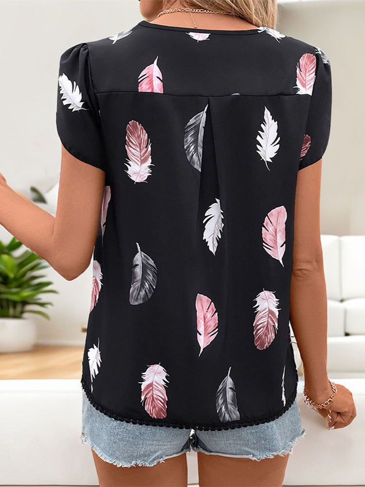 Women's V-Neck Feather Print Short Sleeve Loose Fit Casual T-Shirt Top