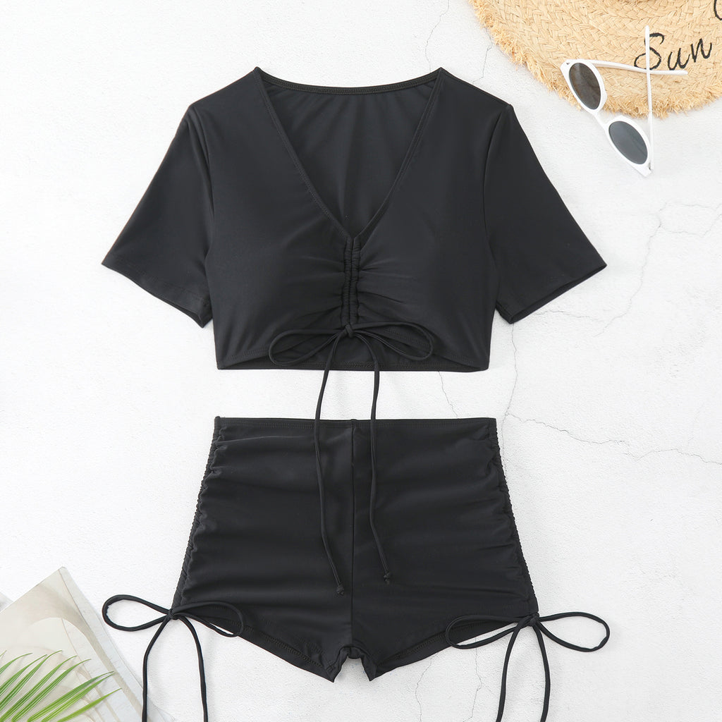 New Solid Color Drawstring Lace-Wrap Chest Bikini with High-Waist Split Bottom