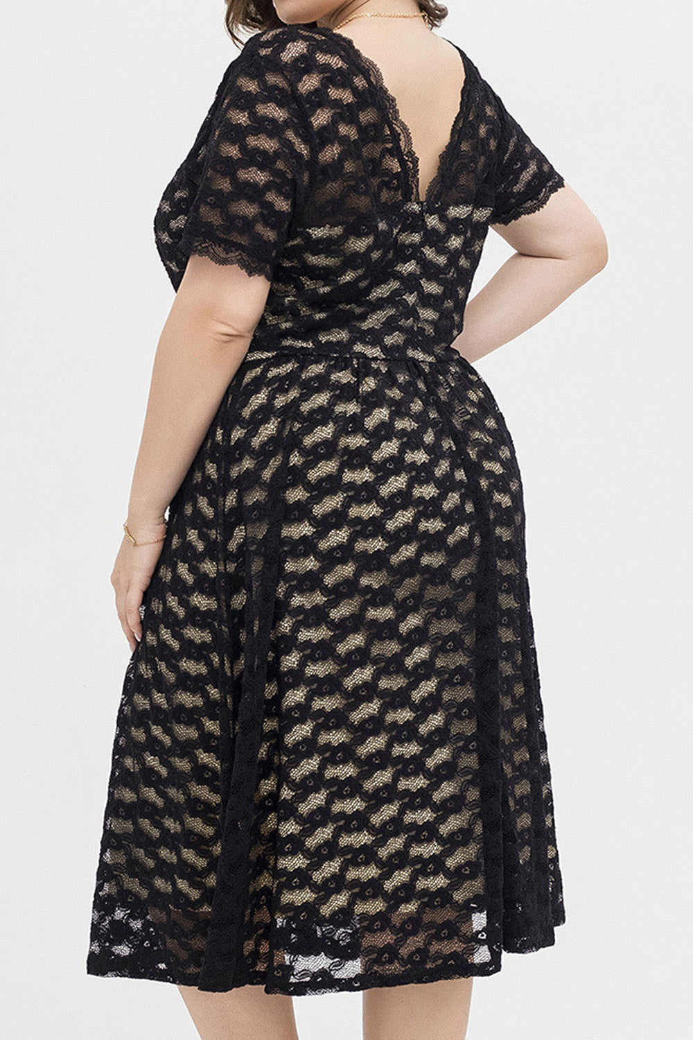 Women Plus Elegant Sexy Slim Round Neck Short Sleeve Lace Dres