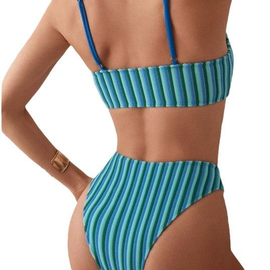Double Shoulder Strap Striped High-Waist Backless Split Bikini for Women