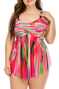 Women Plus Stylish Striped Rainbow Print Swimsuit Bikini
