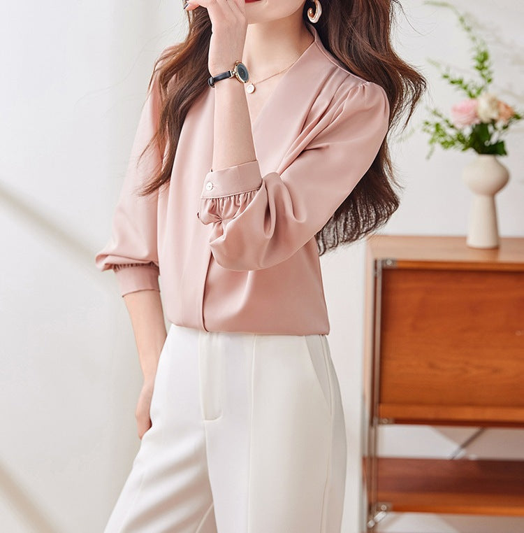 Women's Spring Elegant V-Neck Long Sleeve Blouse - Lightweight Casual Office Shirt