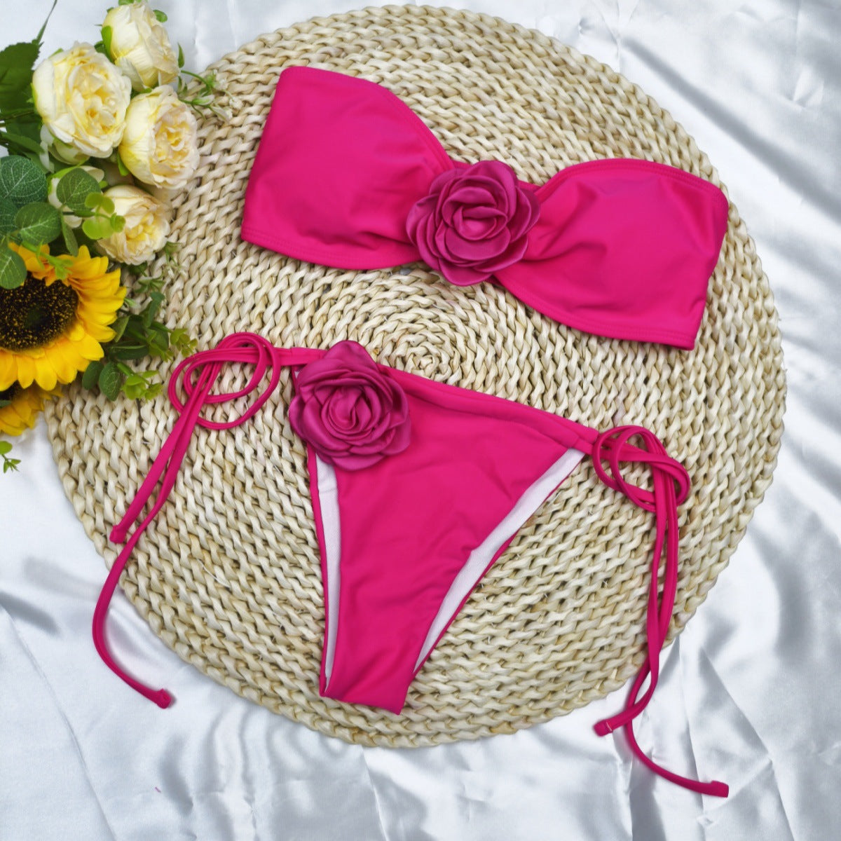 Solid Color Flower Tube Top Drawstring Strap Split Bikini Swimsuit - Trendy Summer Swimwear