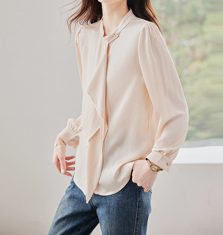 Women's Elegant Ribbon-Tie Long Sleeve Shirt - Premium Spring & Autumn Fashion Blouse