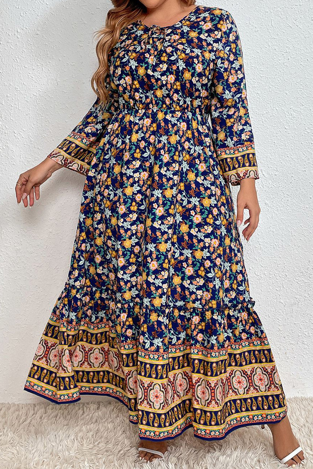 Women Plus Long Sleeve Floral Print High Waist Maxi Dress