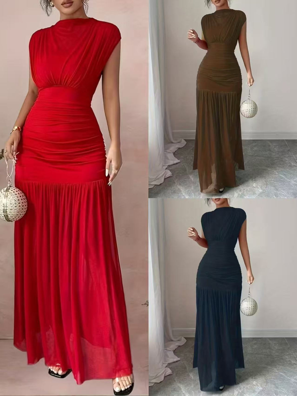 Women's Solid Color Pleated Maxi Dress - Long Sleeve Waist-Defined Elegant Casual Dress
