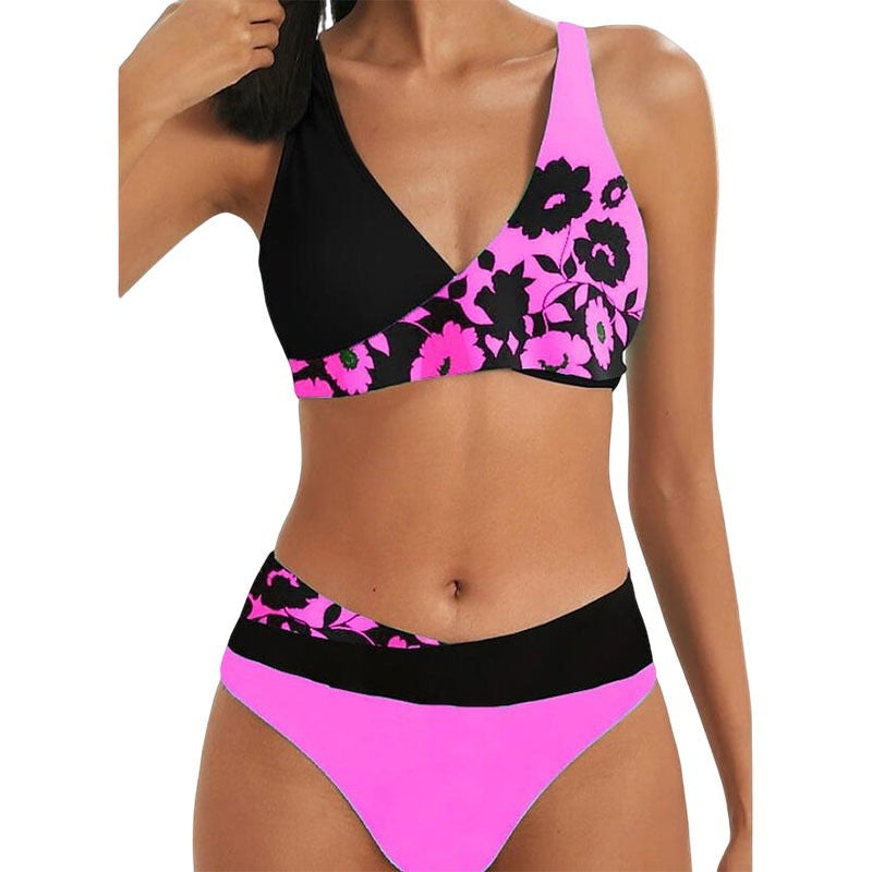 New Digital Print Cross V-Neck Bikini with High Waist Split Design