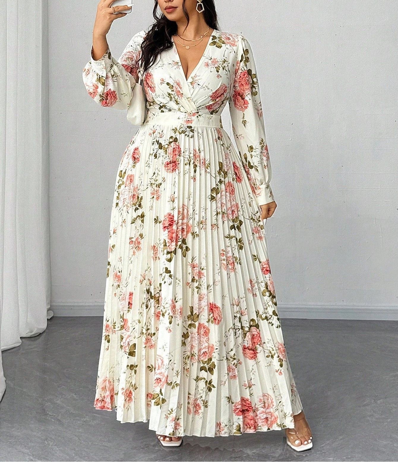 Floral Print Plus Size Long Dress for Women V-Neck Long Sleeve Pleated Waist-Defining Maxi Dress