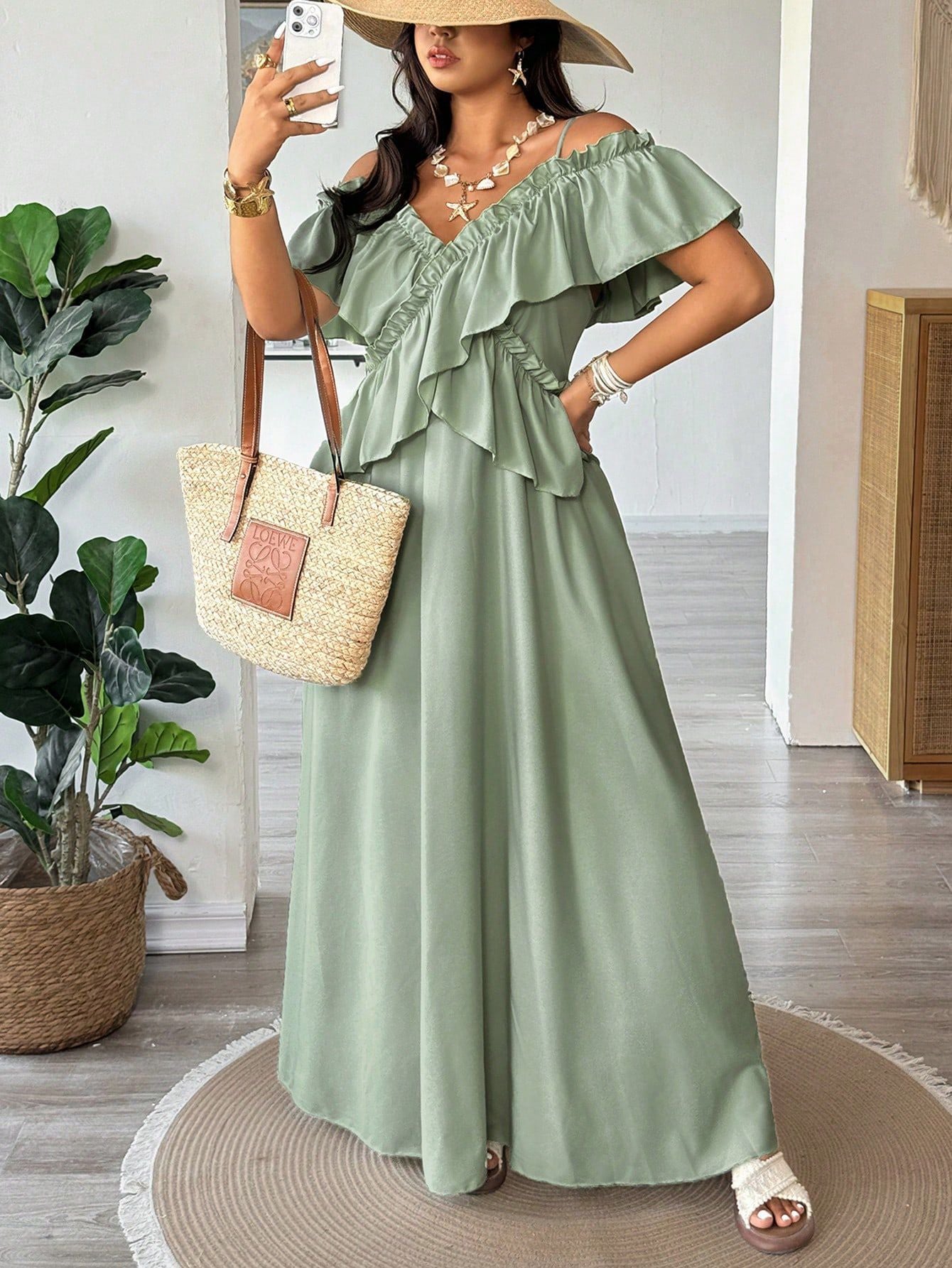 Women’s Plus-Size Summer Camisole Dress – Loose Fit Off-Shoulder Ruffled Maxi Dress