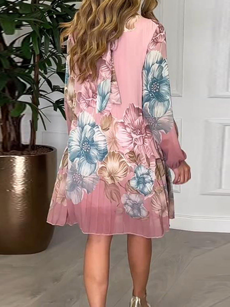 Women's Elegant Crewneck Puff Sleeve Pleated Printed Dress