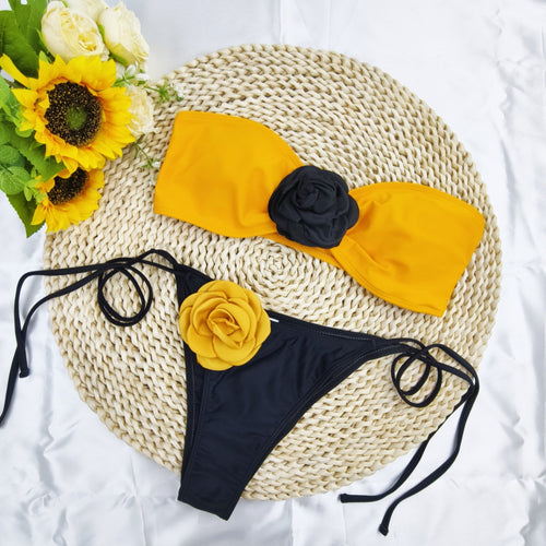 3D Floral Strapless Two-Piece Bikini Swimsuit