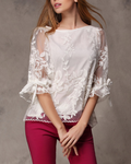 Women Rounded Lace Neck Casual Chiffon Blouse White
