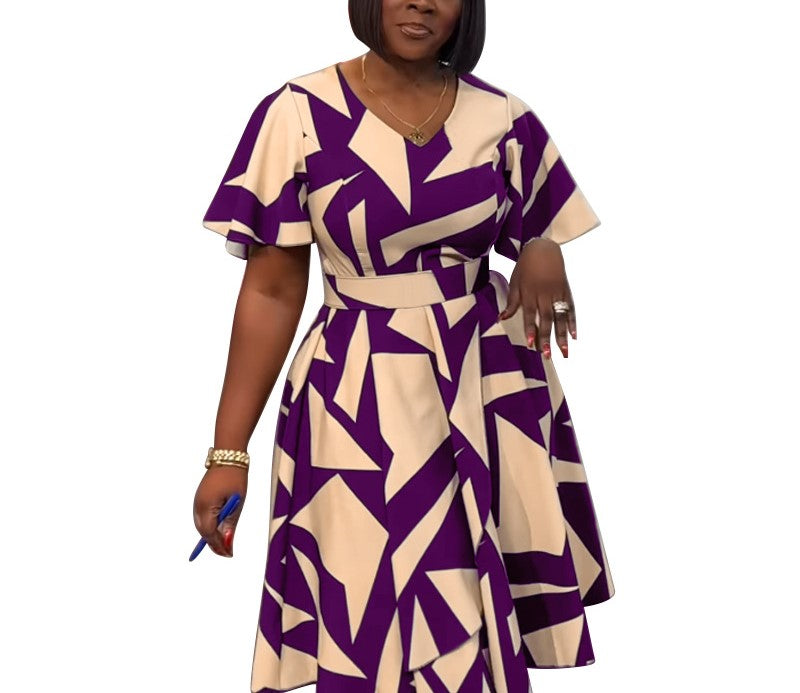 2025 Spring Summer Elegant Women's V-Neck Digital Print Slit Dress – Chic Lightweight Casual Maxi Dress
