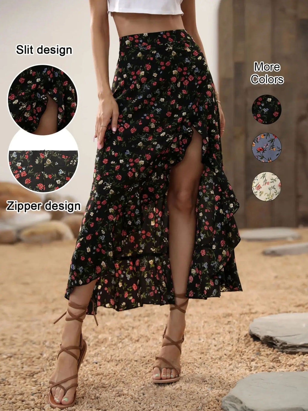 Women's Romantic Floral Print Ruffle Skirt with Irregular Hem and Side Slit Elegant Casual Midi Skirt